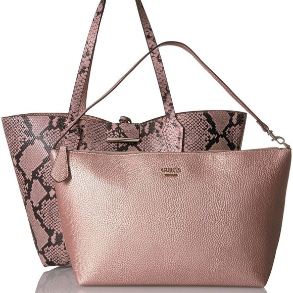 GUESS Bobbi Pink Snake Print Inside Out Reversible 3 in 1 Tote Handbag Set - Picture 14 of 14